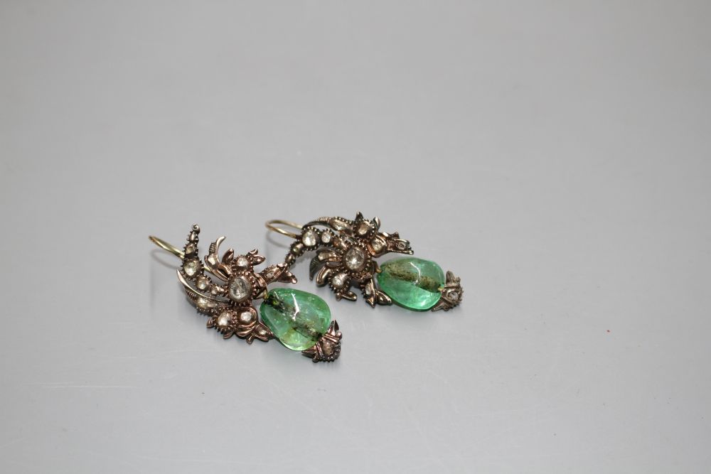 A pair of antique yellow metal, emerald and rose cut diamond set foliate earrings, with GCS certificate dated 14/02/20.